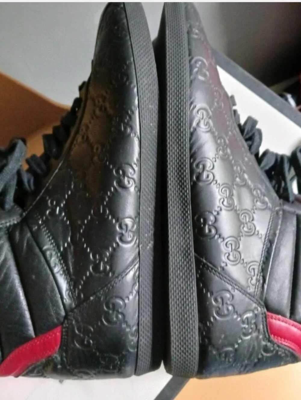 Gucci GG Black Leather High-Top Sneakers with Red Accent, Size 7